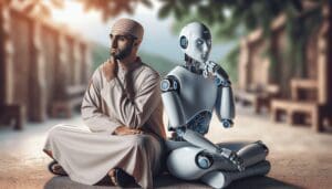 Un homme humain du Moyen-Orient et un robot humanoïde contemporain sont assis côte à côte dans un cadre paisible. Tous deux sont plongés dans une profonde réflexion, montrant une compréhension mutuelle silencieuse entre l'homme et la machine. Le cadre est tranquille et serein, reflétant une ambiance introspective paisible. L'humain adopte une pose contemplative traditionnelle, avec une main sur le menton. Le robot, conçu avec une intelligence artificielle avancée, imite la pose de l'humain, comblant ainsi le fossé entre la biologie et la technologie. Leurs visages illustrent une concentration intense, suggérant une quête commune de connaissance et de compréhension. - Automatisation