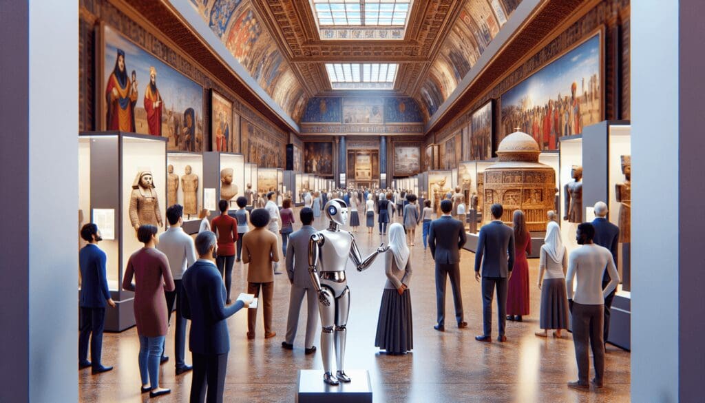 Imaginez un musée vaste rempli d'une multitude d'artefacts historiques et d'œuvres d'art. Il y a des visiteurs de différentes origines telles que caucasienne, hispanique, noire et sud-asiatique, et des deux sexes, hommes et femmes, engagés dans l'exploration de la vaste collection. Pour les guider à travers ce voyage historique, un guide robot ultramoderne explique le contexte des expositions, sa surface métallique brillante reflétant la lumière ambiante. Parmi les visiteurs, vous voyez également des guides humains traditionnels de diverses origines, telles que moyen-orientale et blanche, hommes et femmes, utilisant leurs connaissances pour compléter les informations fournies par le guide robot. - Automatisation