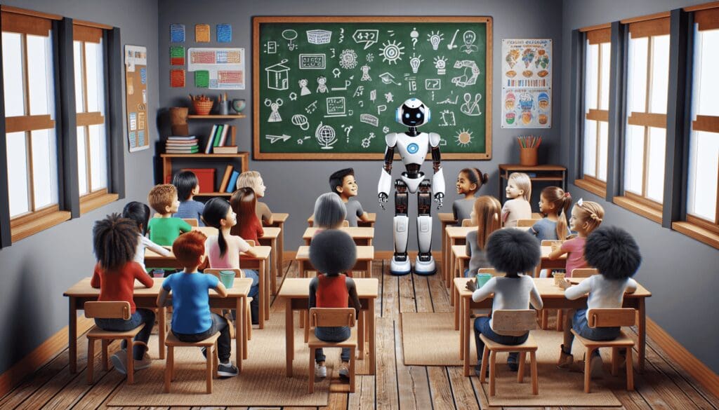 Une représentation d'un robot de haute technologie mettant en avant son programme éducatif en enseignant à des enfants dans une salle de classe modeste et accueillante. Les enfants de diverses origines et genres, y compris des garçons hispaniques, des filles caucasiennes, des garçons noirs, des filles moyen-orientales, des garçons et des filles sud-asiatiques, sont assis à des bureaux en bois simples, écoutant attentivement leur éducateur robotique. Des tableaux noirs et des affiches éducatives ornent les murs. Il règne une atmosphère à la fois ludique et studieuse, remplie de camaraderie et de rires. - Automatisation