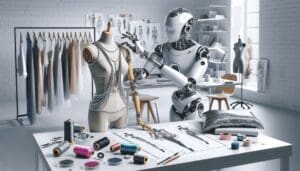 Un robot futuriste en argent avec des appendices délicats participe au processus créatif de conception de vêtements. Le robot applique méticuleusement divers tissus et accessoires sur un mannequin, ajustant les détails avec ses outils de précision. Il est entouré d'une multitude de fils colorés, de boutons, de paillettes et de rouleaux de tissus. Le cadre est un studio de design moderne et minimaliste avec des murs blancs, une grande fenêtre fournissant de la lumière naturelle et des meubles élégants. Divers croquis de design sont éparpillés sur une table en bois propre à proximité, témoignant de la planification minutieuse qui a été nécessaire pour les créations. - Automatisation