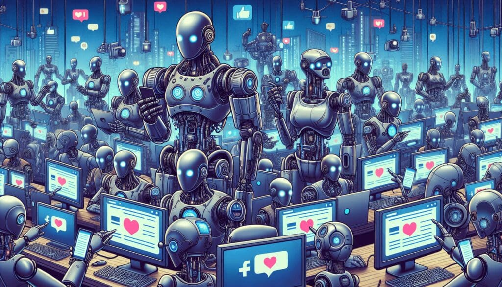 Créez une illustration détaillée d'un groupe de robots interagissant sur des plateformes de médias sociaux. Ils utilisent des ordinateurs et des appareils numériques pour aimer, commenter et partager des publications. Montrez une variété dans leurs types et leurs designs. Certains pourraient avoir une forme industrielle lourde avec des membres en métal et des boutons lumineux, tandis que d'autres seraient élégants et modernes, avec des courbes lisses et des écrans numériques pour visages. L'arrière-plan est une ville futuriste avec des lumières néon et des gratte-ciels imposants. - Automatisation