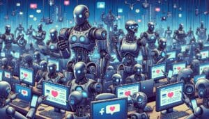 Créez une illustration détaillée d'un groupe de robots interagissant sur des plateformes de médias sociaux. Ils utilisent des ordinateurs et des appareils numériques pour aimer, commenter et partager des publications. Montrez une variété dans leurs types et leurs designs. Certains pourraient avoir une forme industrielle lourde avec des membres en métal et des boutons lumineux, tandis que d'autres seraient élégants et modernes, avec des courbes lisses et des écrans numériques pour visages. L'arrière-plan est une ville futuriste avec des lumières néon et des gratte-ciels imposants. - Automatisation