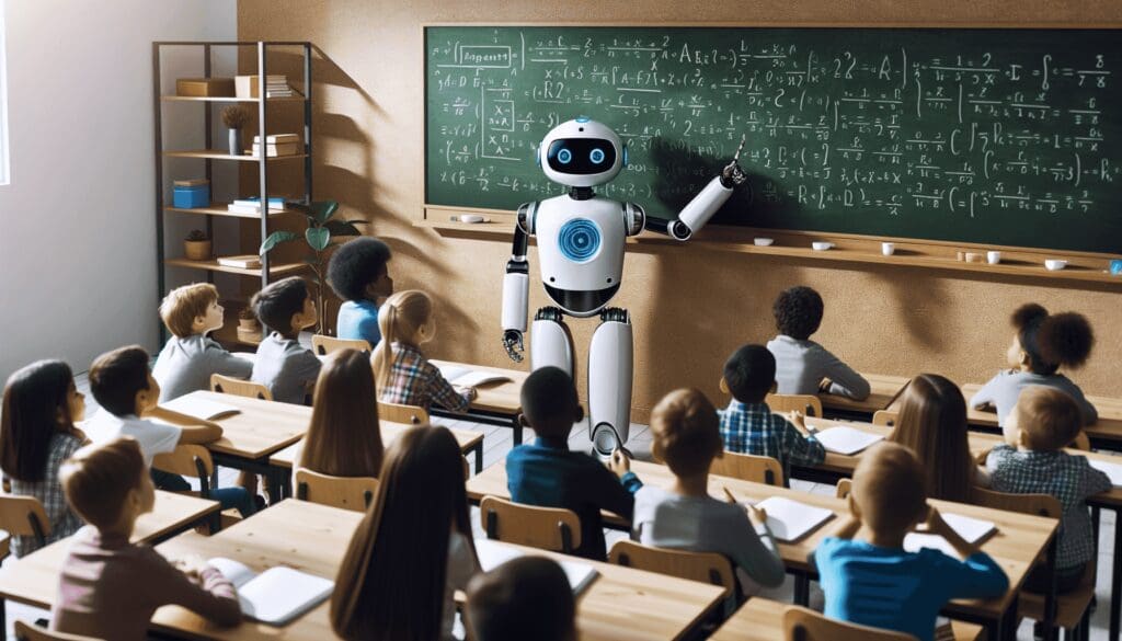 Imaginez une salle de classe moderne avec une technologie avancée. Au centre, il y a un robot high-tech avec des yeux LED amicaux, jouant le rôle de l'enseignant. Il se tient près du tableau noir, le pointant avec un bras parfaitement cylindrique, tandis que son embout projette un son imitant les schémas de la parole humaine. Autour, des enfants de diverses origines, y compris caucasienne, noire, hispanique, moyen-orientale et sud-asiatique, écoutent attentivement le robot. Il y a à la fois des garçons et des filles répartis équitablement dans la salle. Les yeux de tous sont remplis de curiosité en regardant cet outil d'apprentissage futuriste. Des images d'une équation mathématique généralisée sont griffonnées sur le tableau noir. - Automatisation