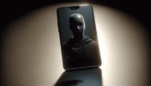 Un smartphone générique sur une surface lisse, l'écran est illuminé affichant une représentation numérique d'une personne anonyme. La figure est sombre et ombragée, un symbole de mystère et d'ambiguïté. Cette personne est en position de parler, la visualisation encapsulant l'aspect trompeur d'un potentiel deepfake. Notez l'artificialité dans l'apparence de la figure pour renforcer ses imitations numériques. L'éclairage de la scène doit projeter une longue ombre du téléphone, reflétant la nature inquiétante de la technologie des deepfakes. - Automatisation