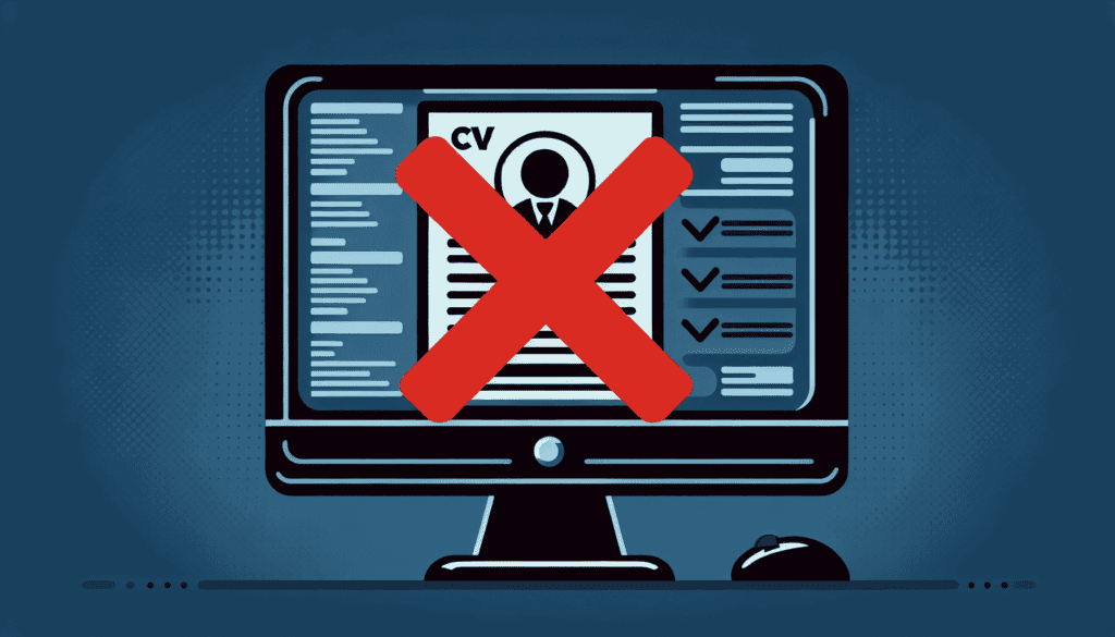 Illustrez un écran d'ordinateur de bureau affichant un CV ou un résumé sur son écran. Par-dessus, superposez une croix rouge en gras pour signifier le rejet ou la désapprobation. - Automatisation