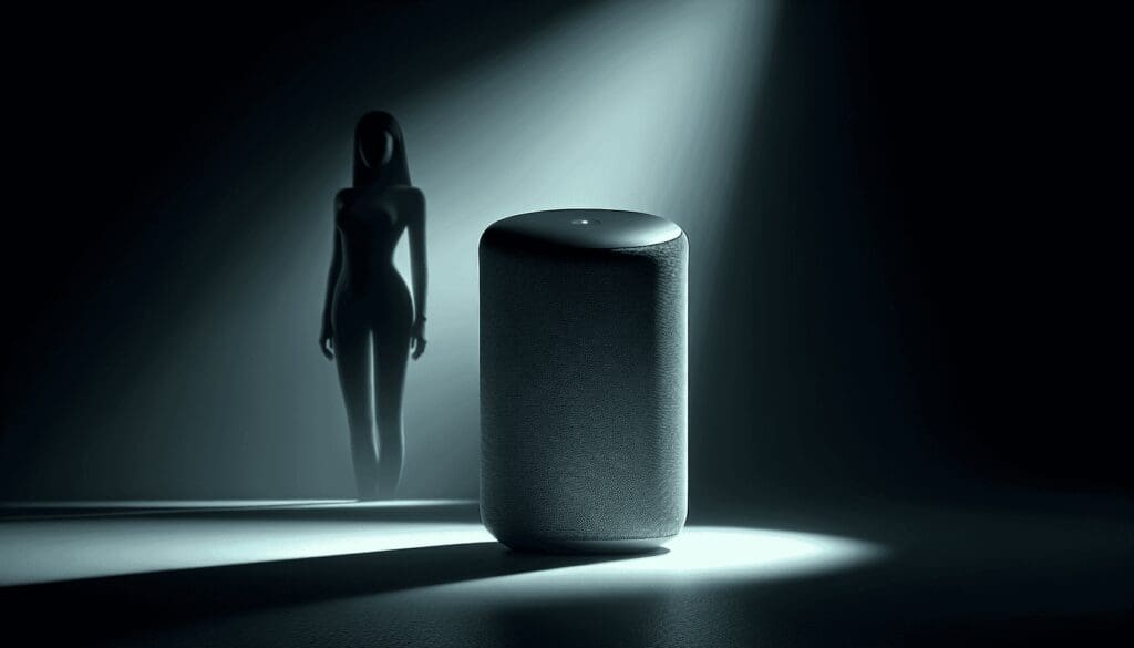 Imaginez une enceinte intelligente haute technologie placée au centre de l'image, mettant en valeur son design moderne. Elle est subtilement illuminée, soulignant ses courbes élégantes, et est vue en perspective. Derrière elle, il y a une silhouette énigmatique, enveloppée dans l'ombre, ajoutant une touche de mystère à la scène. La silhouette est adulte, de genre neutre, et son origine est inconnue en raison de l'obscurité qui la dissimule. La scène suggère un contraste entre la technologie inanimée et la présence humaine cryptique. - Automatisation