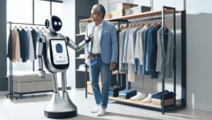 Imaginez un scénario diversifié où un individu cherche des vêtements dans une boutique contemporaine. Cet individu, qui se trouve être un homme sud-asiatique d'âge moyen, est accompagné d'un assistant robot. Le robot, de couleur aluminium, dégage une ambiance technologique futuriste, aidant l'homme dans ses choix. Le bras du robot pointe vers une variété de vêtements suspendus sur des portants, tout en fournissant des suggestions de style grâce à un écran numérique en guise de visage. Des lignes organisées et épurées illustrent la simplicité et la clarté de l'image, avec une pièce aérée et bien éclairée ajoutant à l'ambiance moderne et confortablement élégante. - Automatisation