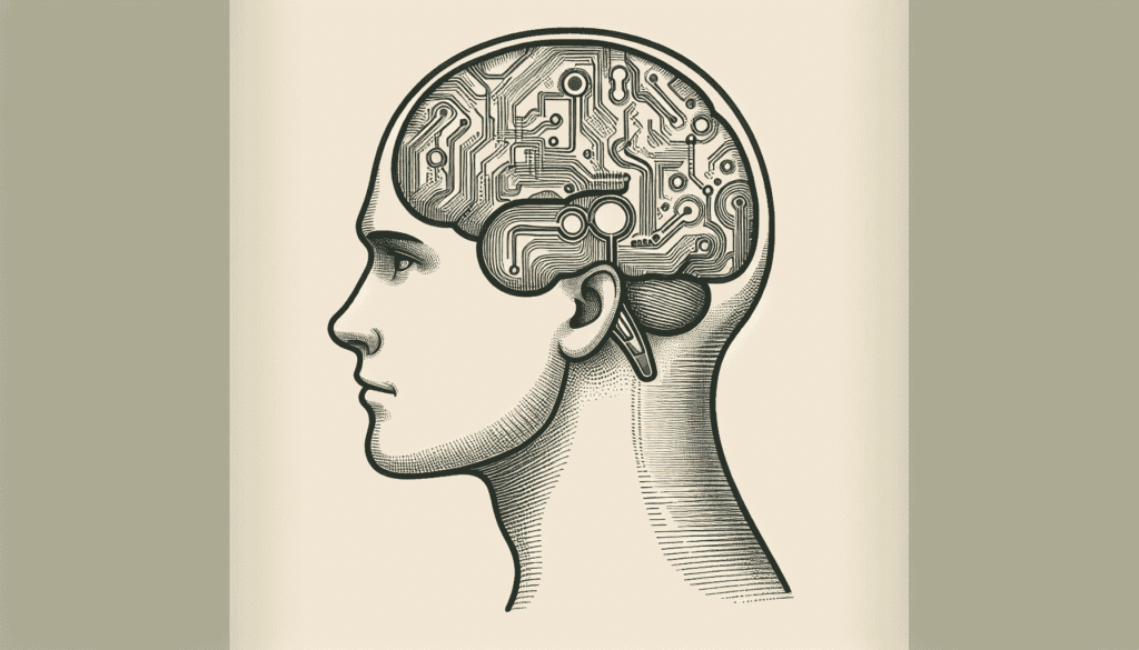 Une illustration qui représente visuellement une tête humaine, vue de profil. Le graphique attire l'attention sur le cerveau, où il présente une variété d'implants cérébraux futuristes. Ces implants sont stylisés de manière simple et compréhensible, les rendant facilement identifiables pour le spectateur. Malgré la complexité du sujet, le dessin maintient une clarté et offre une compréhension accessible de la technologie des implants cérébraux. - Automatisation