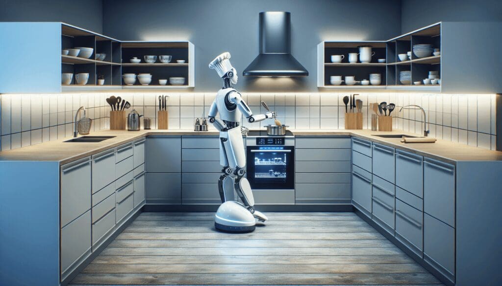 Visualisez une image d'un robot chef exécutant des tâches culinaires dans une cuisine moderne. Cette cuisine est conçue dans un style contemporain et minimaliste, avec des lignes épurées et des éléments fonctionnels. Le robot utilise habilement divers ustensiles de cuisine. Les plans de travail sont propres et dégagés, les placards sont élégants et efficaces, et l'éclairage est à la fois lumineux et accueillant. Le robot a une apparence professionnelle, avec un corps en métal qui brille sous l'éclairage de la pièce. - Automatisation