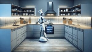 Visualisez une image d'un robot chef exécutant des tâches culinaires dans une cuisine moderne. Cette cuisine est conçue dans un style contemporain et minimaliste, avec des lignes épurées et des éléments fonctionnels. Le robot utilise habilement divers ustensiles de cuisine. Les plans de travail sont propres et dégagés, les placards sont élégants et efficaces, et l'éclairage est à la fois lumineux et accueillant. Le robot a une apparence professionnelle, avec un corps en métal qui brille sous l'éclairage de la pièce. - Automatisation