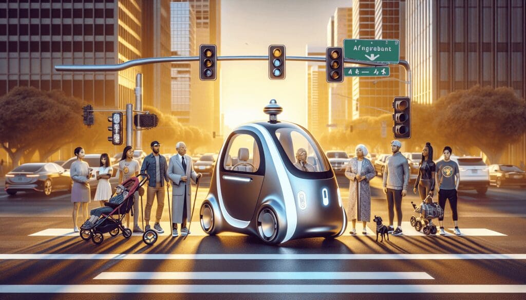 Une scène fascinante représentant un véhicule autonome futuriste, avec des éléments de design aérodynamiques et des teintes métalliques, stationné à une intersection animée. De chaque côté du carrefour à quatre voies, des groupes de citoyens divers attendent pour traverser. D'un côté, on remarque un homme asiatique âgé avec une canne, une femme hispanique en tenue de travail et un adolescent noir tenant un skateboard. Tout aussi varié, l'autre groupe comprend une mère moyen-orientale poussant une poussette, un passionné de sport sud-asiatique en tenue d'entraînement et une femme âgée blanche avec son chien. Toute la scène est chaleureusement baignée dans les teintes dorées du coucher du soleil. - Automatisation